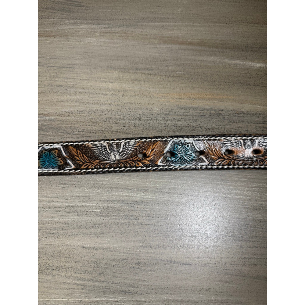 Vintage Tooled Cowhide Leather Belt Eagle/Floral Teal 26 Waist - Picture 2 of 12